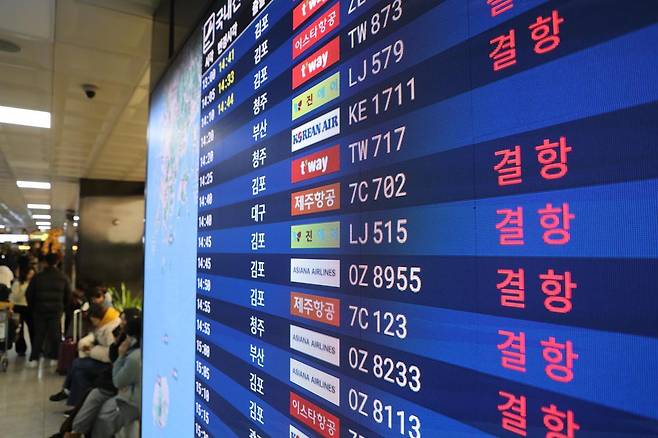 7일 오후 제주국제공항 운항 현황판에 대부분의 항공편이 결항되고 있다. 이날 제주는 강풍과 많은 눈으로 항공편 운항이 차질을 빚고 있다. 2025.2.7 뉴스1