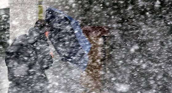 깜짝 눈보라가 몰아친 7일 서울 양천구 남부지법에서 한 시민이 눈을 헤치며 이동하고 있다. 뉴스1