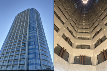 '더 프린스 파크 타워 도쿄' 호텔은 밖에서 봤을 때는 평범한 오피스 건물같지만(왼쪽) 안으로 들어서면 현대적인 건축미를 자랑한다.(오른쪽). 사진=한경매거진 강은영