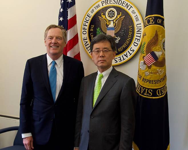 Then-USTR Robert Lighthizer meets with then-Korean Minister for Trade Kim Hyun-chong in July 2018 to discuss domestic procedures and the next steps for updating the Korea-US Free Trade Agreement. (United States Trade Representative