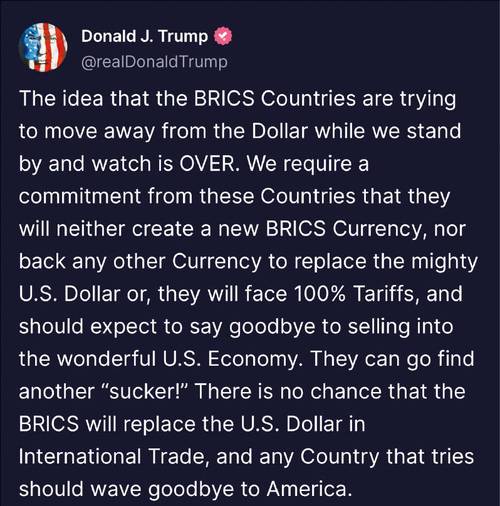 달러 패권 도전에 경고하는 도널드 트럼프 대통령의 트루스소셜 글. (트루스소셜 캡처)
