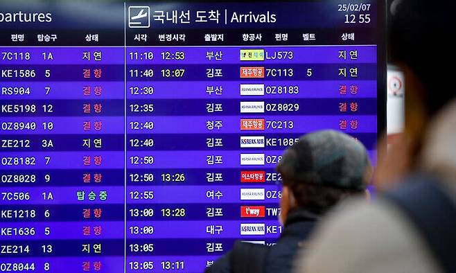 제주지역에 강풍특보가 발효된 7일 오후 제주국제공항 대합실 전광판에 항공기 결항 안내가 가득 떠 있다. 뉴시스