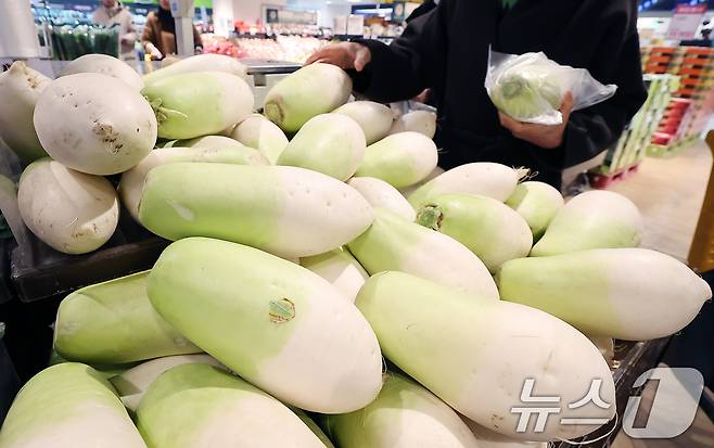 6일 오후 서울의 한 대형마트를 찾은 한 시민이 무를 구매하고 있다. 2025년 1월 소비자물가동향에 따르면 지난달 소비자물가는 전년동월대비 2.2% 올라 다섯 달 만에 다시 2%대로 치솟았다. 특히 4.4% 오른 채소류 물가가 물가 상승을 견인한 가운데 품목별로 무 79.5%, 당근 76.4%, 배추 66.8% 순으로 올랐다. 2025.2.6/뉴스1 ⓒ News1 김진환 기자