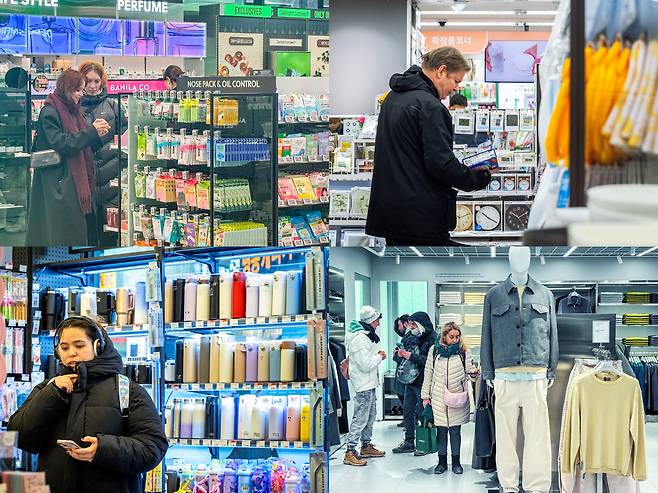 K뷰티·패션·팬시 제품을 찾는 외국인 관광객들로 서울 명동 올리브영·다이소·아트박스·무신사(위 왼쪽부터 시계방향)가 북적이고 있다. 묶으면 ‘올다아무’다./이건송·김용재 영상미디어 기자