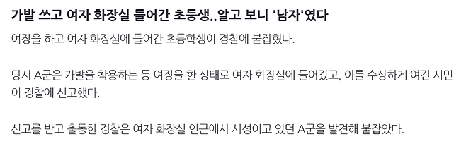 image.png 가발 쓰고 여자 화장실 들어간 초등생..알고 보니 \'남자\'였다
