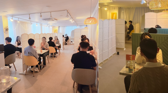 제한된 시간에 여러 명을 만나는 '로테이션 소개팅'을 하는 참가자들. '러브톡톡' 제공