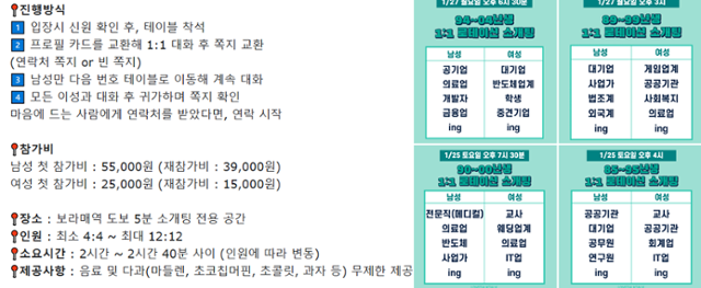 로테이션 소개팅 '러브톡톡'의 진행 방식과 참가자들의 직업과 나이가 나와있는 인스타그램 게시물 캡처. '러브톡톡' 제공