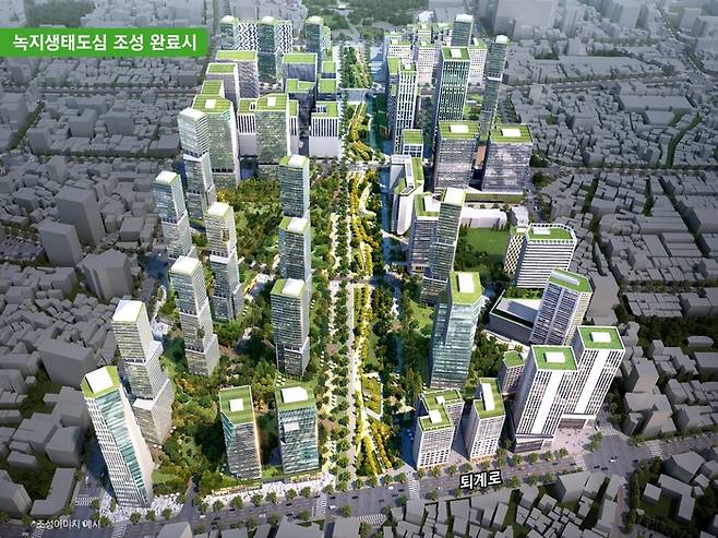 서울시가 2022년 발표한 녹지생태도심 구상 조감도. 세운상가군과 그 주변부를 철거하고 종묘와 남산을 잇는 선형공원과 고층 건물을 짓는다는 계획이다. 서울시