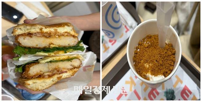 (왼쪽부터) 롯데리아 롯데월드몰점에서만 판매하는 ‘월드타워 새우버거’, ‘솔티 시나몬 쿠키 토네이도’. [변덕호 기자]