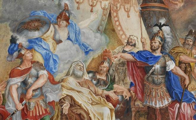 작자미상, 아가멤논과 아킬레우스가 브리세이스를 놓고 논쟁을 벌이는 모습(일부 확대), 18세기경