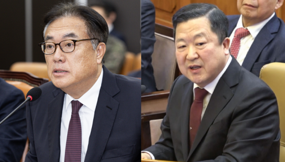 정진석 대통령비서실장(왼쪽)과 박춘섭 대통령실 경제수석이 6일 각각 국회와 헌법재판소에 출석했다. 연합뉴스