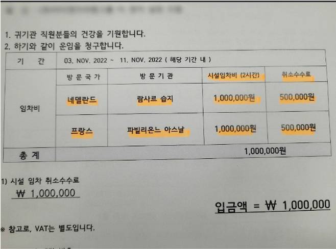 한 지방의회는 2022년 11월 네덜란드와 프랑스 출장에서 람사르 습지, 파빌리온느 아스날 등 관광지 방문 명목으로 100만 원을 청구했다. [국민권익위원회]