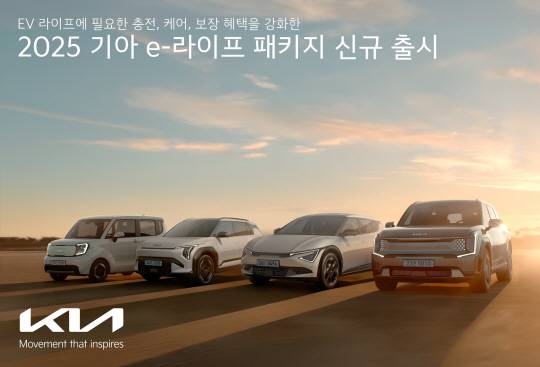 2025 기아 e-라이프 패키지 기아가 전기차(EV) 라이프 전반에 필요한 충전, 케어, 보장 프로그램을 제공하는 ‘e-라이프 패키지’의 혜택을 강화해 선보인 ‘2025 기아 e-라이프 패키지.’ 기아 제공.