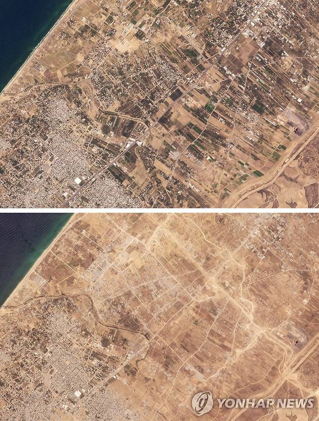 전쟁 전후 넷자림 회랑 주변 위성사진 [Planet Labs Inc./REUTERS 연합뉴스. 재판매 및 DB 금지]