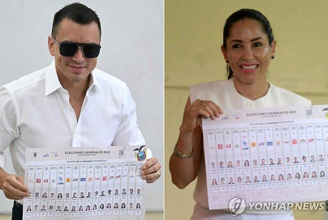 에콰도르 대선 투표하는 노보아 대통령(왼쪽)과 곤살레스 야당 대표 [올론·카누토 AFP=연합뉴스. 재판매 및 DB 금지]