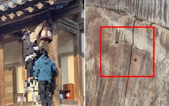 지난해 12월 30일 KBS2 새 드라마 ‘남주의 첫날밤을 가져버렸다’ 제작진이 유네스코 세계문화유산인 경북 안동시 병산서원 만대루에 촬영 소품을 달기 위해 못을 박고 있다(왼쪽). 오른쪽 사진은 지난달 2일 오후 병산서원 만대루 나무 기둥에서 발견된 두께 2∼3㎜, 깊이 약 1㎝의 못자국. 건축가 민서홍씨 페이스북 캡처·연합뉴스