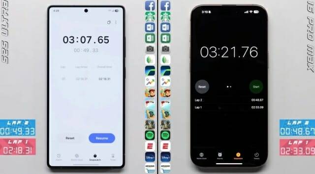 앱 실행 속도 테스트에서 갤럭시S25 울트라는 총 3분 7초, 아이폰16 프로 맥스는 3분 21초가 걸렸다. (사진=폰버프 영상 캡쳐)