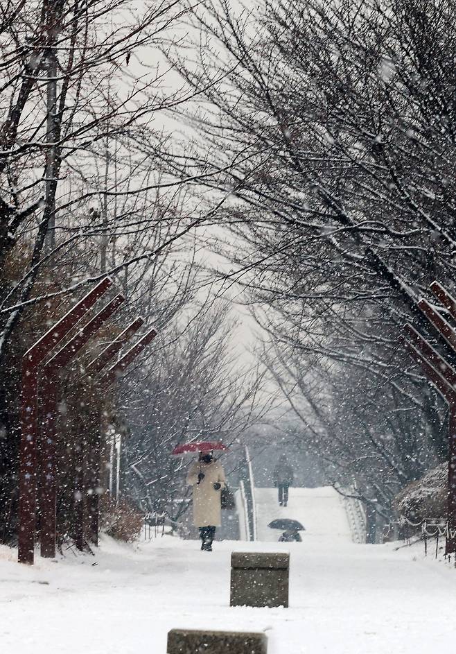 눈이 내리는 12일 오전 인천 남동구 중앙공원에서 시민들이 걸어가고 있다. /뉴시스