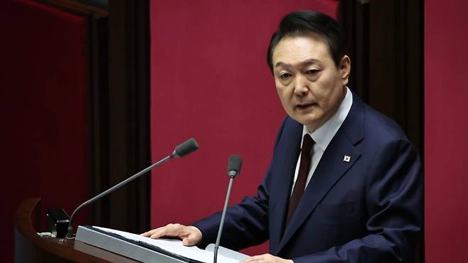 2023년 10월 25일 윤석열 대통령이 국회에서 2023년도 예산안 및 기금운용계획안에 대한&nbsp;시정연설을 하고 있다. (대통령실)