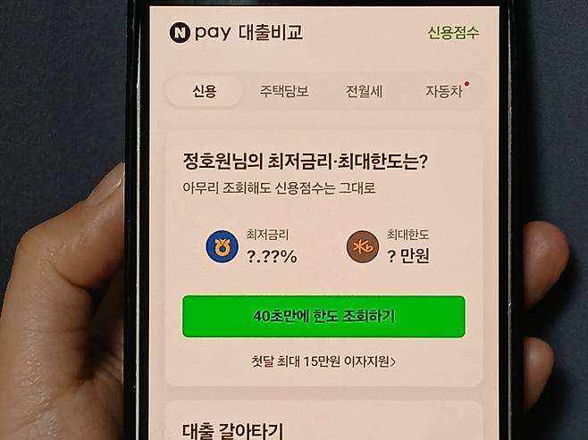 네이버페이에서 제공하는 대출비교 서비스 화면. [정호원 기자]