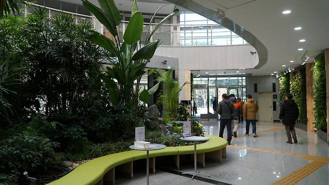 금강송 군락지에 있는 체류형 산림휴양시설 금강송 에코리움의 관리동.  이곳 숙박시설은 힐링과 디지털 디톡스를 지향하는 것이 특징이다         울진｜김재범 기자 oldfield@donga.com