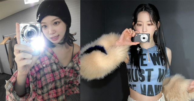 걸그룹 르세라핌의 멤버 김채원(왼쪽 사진)과 사쿠라(오른쪽)가 디지털 카메라를 들고 사진을 찍고 있다. 인스타그램 캡처