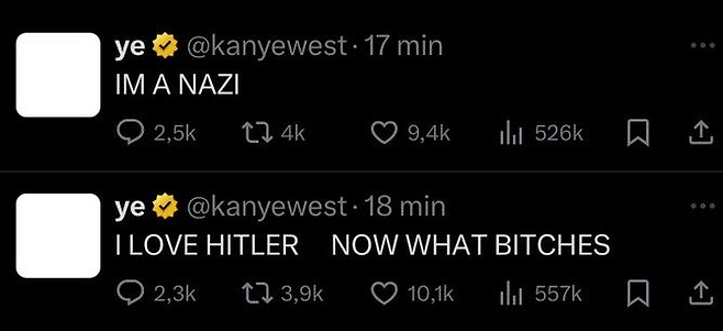 지난 6일 오후부터 7일 오전까지 X(구 트위터) 계정에 나치 지지 발언을 한 칸예 웨스트. X(구 트위터) 캡처