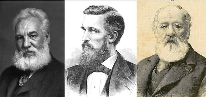 왼쪽부터 알렉산더 그레이엄 벨. (출처: Unknown author(1904), Public domain, via Wikimedia Commons) / 일라이셔 그레이. (출처: Unknown author(1878), Public domain, via Wikimedia Commons) / 안토니오 무치. (출처: Francesco Giovanni Cantagalli(1899) Public domain, via Wikimedia Commons)