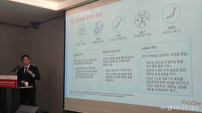 이한솔 모더나코리아의학부 부장이 14일 서울 종로구에서 열린 모더나코리아 기자 간담회에서 발표하고 있다. /사진=홍효진 기자