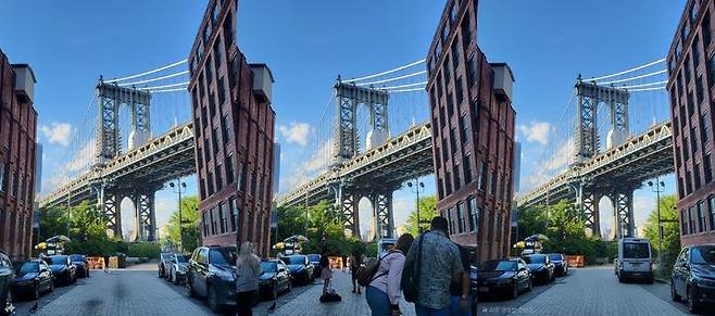 미국 뉴욕에 있는 유명 랜드마크 '덤보'는 늘 관광객으로 인산인해를 이루고 있다. 사진은 뉴욕 '덤보'를 촬영한 원본 사진(가운데)와 갤럭시 S24 울트라(왼쪽)와 갤럭시 S25 울트라(오른쪽)의 생성형 편집 기능으로 주변 인원을 모두 제거한 모습. (사진=윤현성 기자) *재판매 및 DB 금지