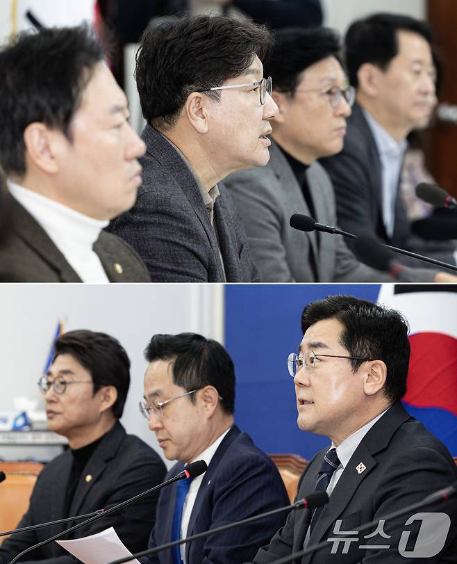권성동 국민의힘 원내대표(위)와 박찬대 더불어민주당 원내대표가 16일 서울 여의도 국회에서 기자간담회를 열고 주요 현안에 대해 발언하고 있다. 2025.2.16/뉴스1 ⓒ News1 이재명 기자