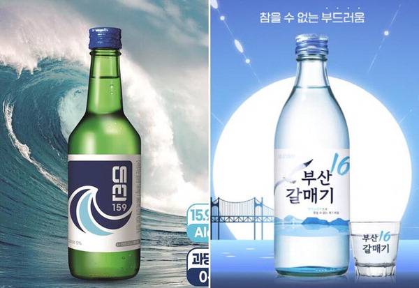 각각 대선주조, 무학의 저도주인 ‘대선159’(왼쪽)와 ‘부산갈매기16’.