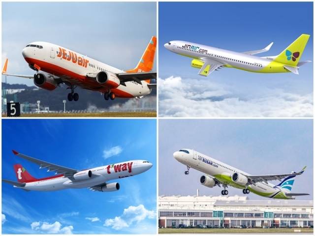 제주항공(왼쪽 위부터 시계방향), 진에어, 에어부산, 티웨이 여객기 [각사 제공]