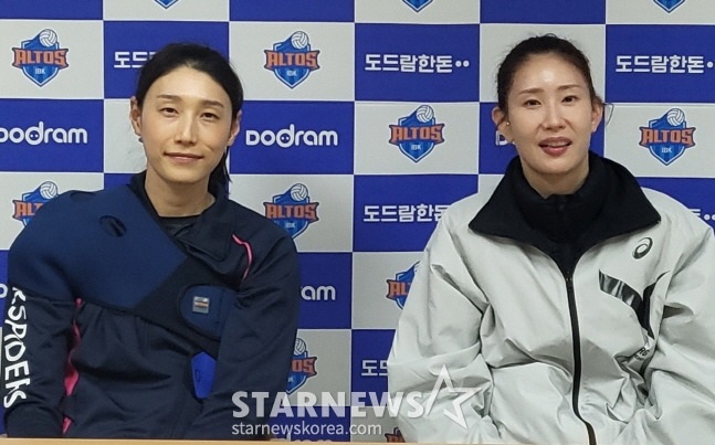 인터뷰를 마치고 미소를 짓고 있는 김연경(왼쪽)과 김수지. /사진=안호근 기자