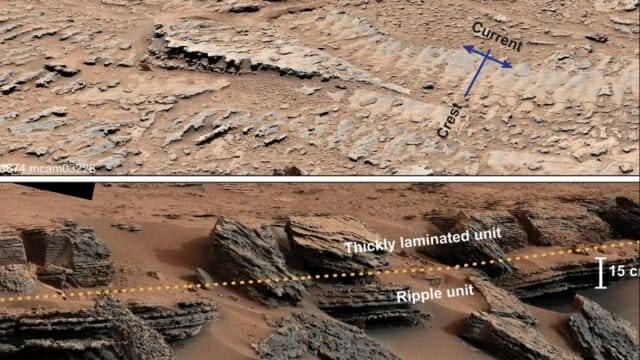 NASA 큐리오시티 로버가 화성 게일 크레이터 내 두 개의 별도 지점에서 대칭적인 잔물결 자국을 발견했다. 이는 화성에 액체 물로 흘렀다는 강력한 증거를 제공한다. (출처=NASA/JPL-칼텍/MSSS)