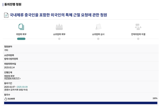 지난 7일 국회전자청원 홈페이지에 '국내체류 중국인을 포함한 외국인의 특혜 근절 요청에 관한 청원'이라는 제목으로 올라온 청원. 국회전자청원 캡처