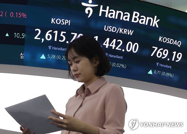오늘 증시 상황은? (서울=연합뉴스) 김성민 기자 = 18일 오전 서울 중구 하나은행 본점 딜링룸 현황판에 코스피, 원/달러 환율, 코스닥 지수가 표시돼 있다. 2025.2.18 ksm7976@yna.co.kr