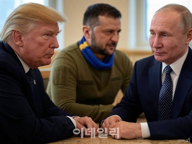 도널드 트럼프(왼쪽부터) 미국 대통령과 볼로디미르 젤렌스키 우크라이나 대통령, 블라디미르 푸틴 러시아 대통령(사진=그록2 이미지 생성)