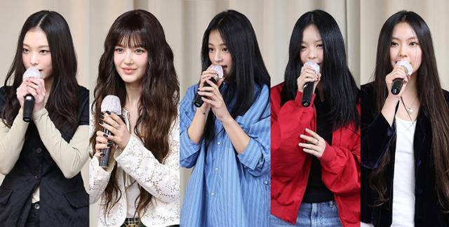 지난해 11월 28일 서울 강남구 스페이스쉐어 삼성역센터에서 긴급 기자회견에 나선 뉴진스의 다섯 멤버. 왼쪽부터 해린, 다니엘, 민지, 하니, 혜인. 사진공동취재단