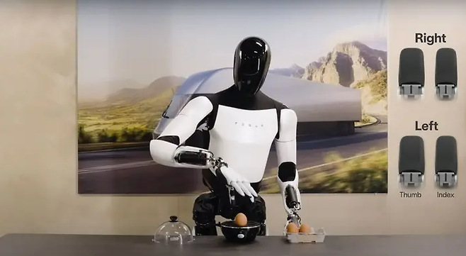 테슬라 휴머노이드 로봇 옵티머스가 달걀을 옮기고 있는 모습 [사진 = 테슬라]