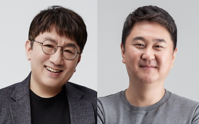 방시혁(왼쪽) 하이브 의장과 이석우 두나무 대표. [하이브·두나무 제공]