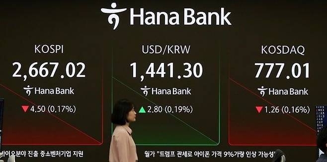 20일 오전 서울 중구 하나은행 본점 딜링룸 현황판에 코스피와 원·달러 환율이 표시돼 있다. ⓒ뉴시스