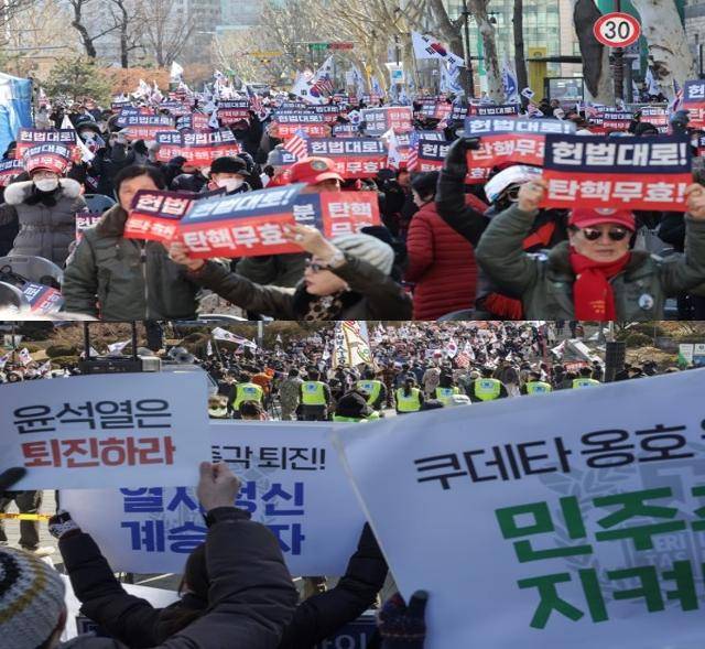 윤석열 대통령 탄핵 찬성 집회와 반대 집회가 동시에 열리고 있다.