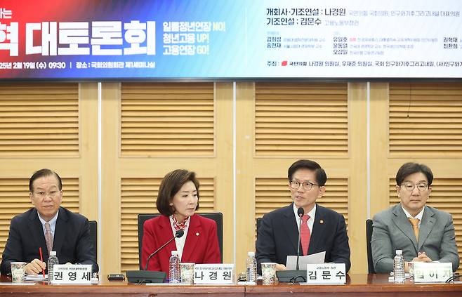 19일 서울 여의도 국회 의원회관에서 열린 ‘2030·장년 모두 Win-Win하는 노동개혁 대토론회’에서 김문수 고용노동부 장관이 발언하고 있다.  [연합]