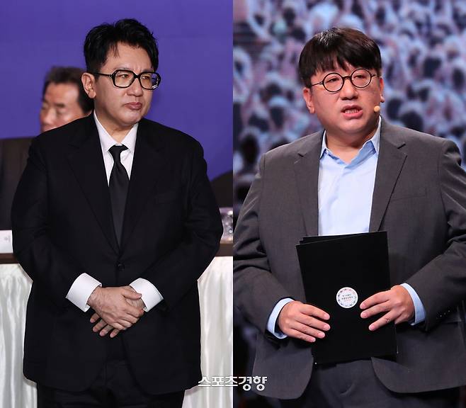 방시혁 하이브 의장의 20일 한경협 모습(왼쪽)과 과거 모습. 경향신문 자료사진