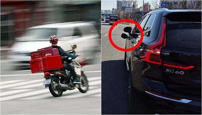 오토바이 배달기사(왼쪽)와 충전구가 열린 차량의 뒷모습 /사진=연합뉴스, 독자 제공