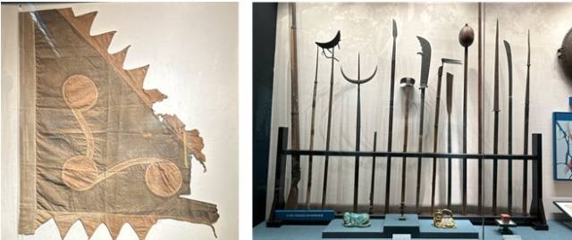 ▲삼원리 전투 당시의 깃발과 무기. 무기 아래에는 영국인을 조롱하는 모습의 베개와 등잔 도자기가 보인다. ⓒ사진 윤세병