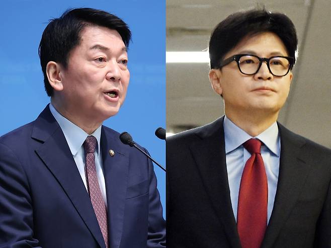 Rep. Ahn Cheol-soo, a four-time People Power Party lawmaker and three-time presidential contender (left); Han Dong-hoon, former People Power Party chair who was Yoon's justice minister