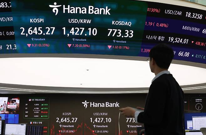 24일 서울 중구 하나은행 본점 딜링룸에서 딜러들이 업무를 보고 있다./연합뉴스