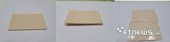 전자신문이 입수한 반도체 유리기판 제조사 A의 샘플. 정상(왼쪽) 기판과 들떠 찢어진 '세와레' 현상이 발생한 샘플(가운데), 세와레 샘플 내부(오른쪽)